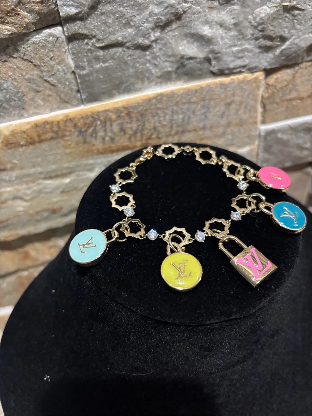 Gold Charm Bracelet with Pink, Blue, Yellow & Lime LV charms - Picture 3 of 5